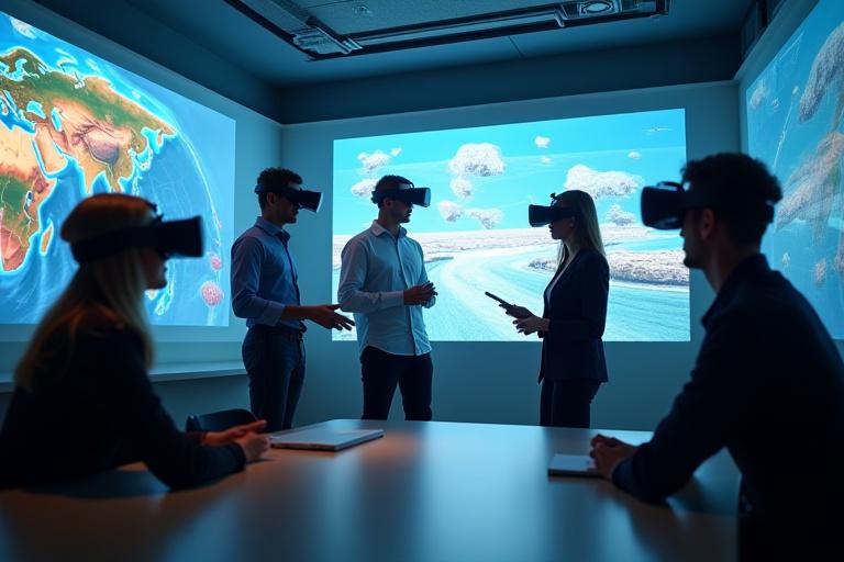 VR 헤드셋을 착용한 전문가들이 함께 VR 지질 시뮬레이션을 통해 협업하며 논의하는 모습.